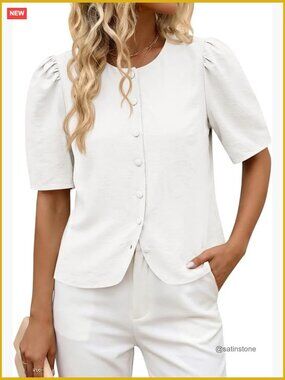 Short Puff Sleeve Button Down Blouse Round Neck Cotton Top